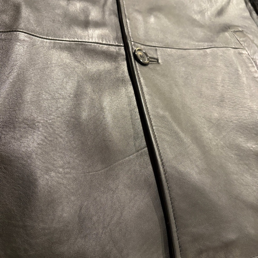 Pronto‎ Uomo Mens XXL Black Leather Jacket Mid Length Overcoat Collar Pockets - Picture 6 of 12